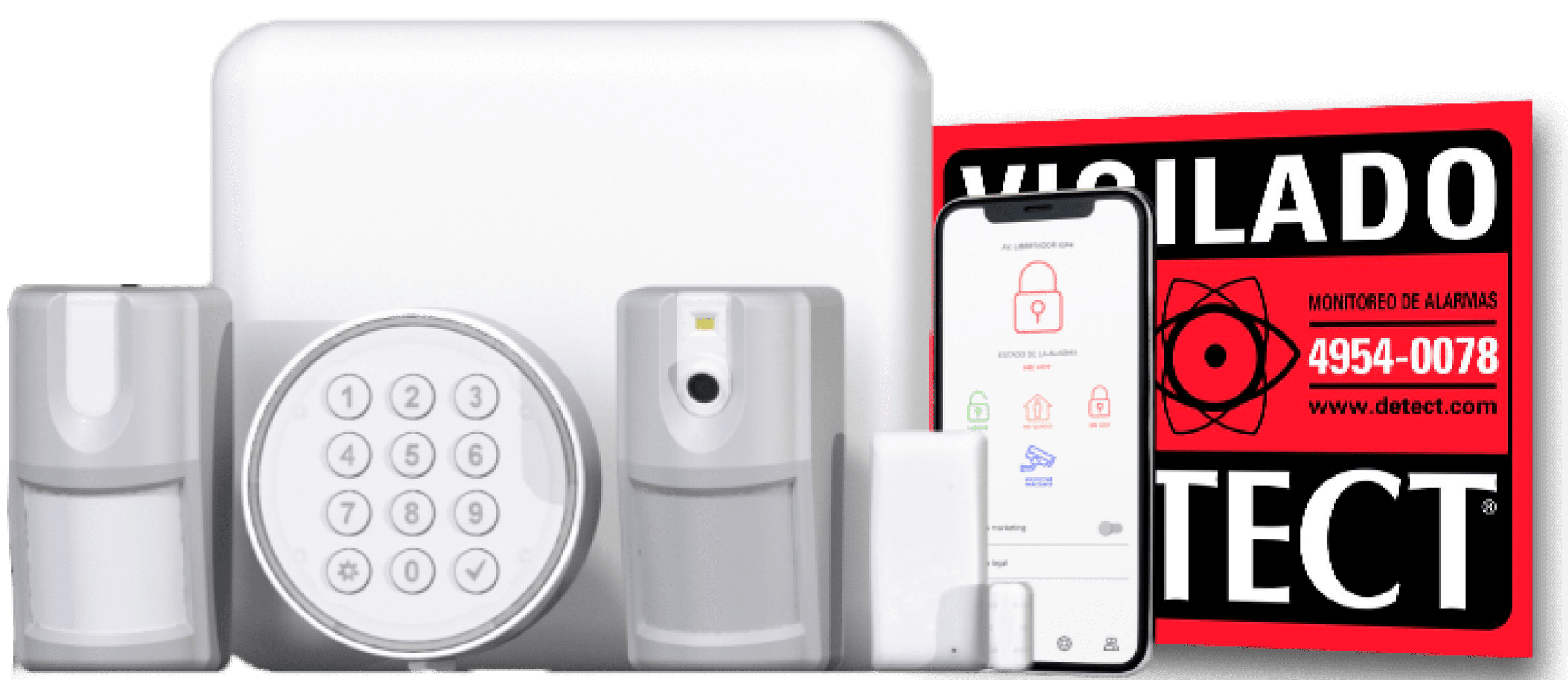 Equipos DETECT: central, sensores, teclado, app Mi Detect y cartel disuasivo